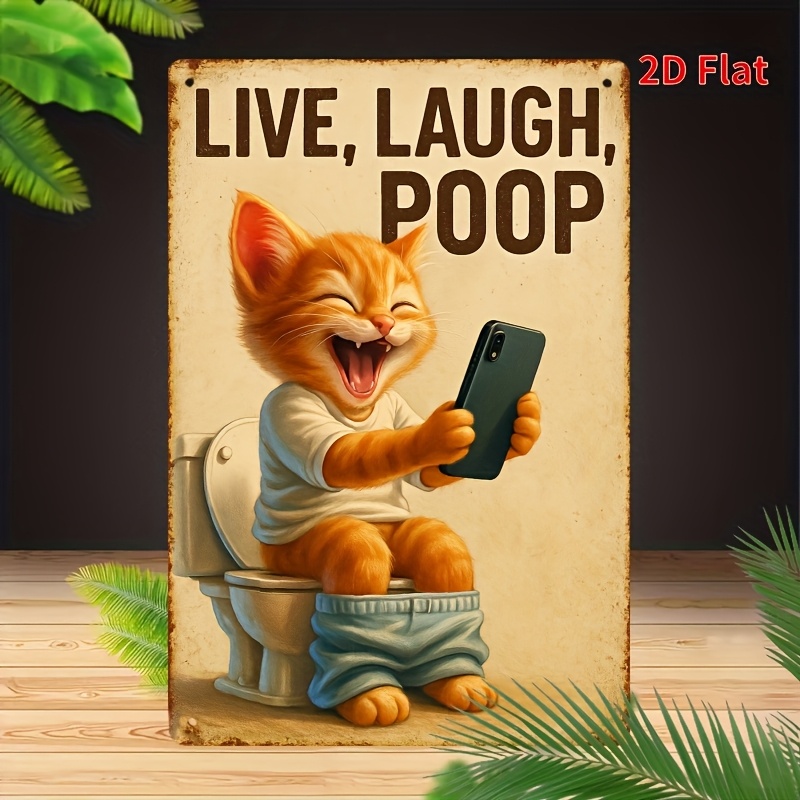 Home Bathroom Sign - Металлическая настенная вывеска с забавным котом