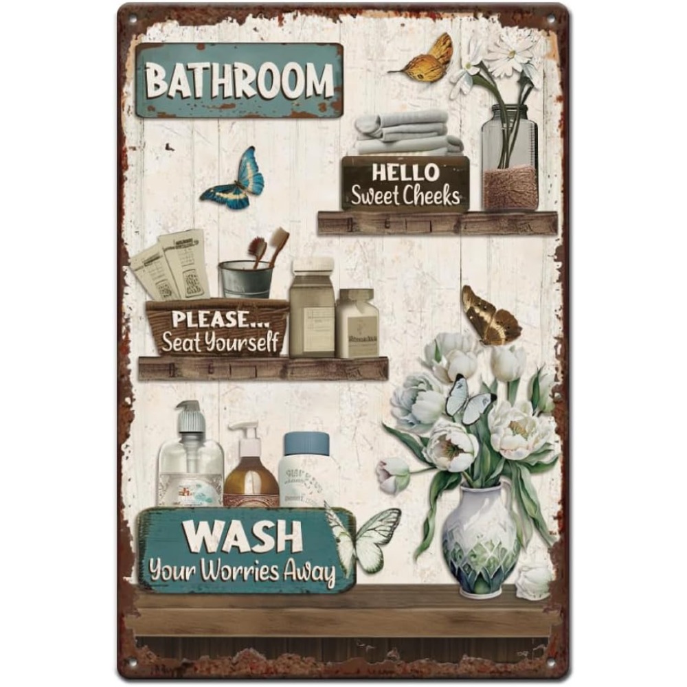Home Bathroom Sign - Винтажные металлические таблички с цветочными узорами